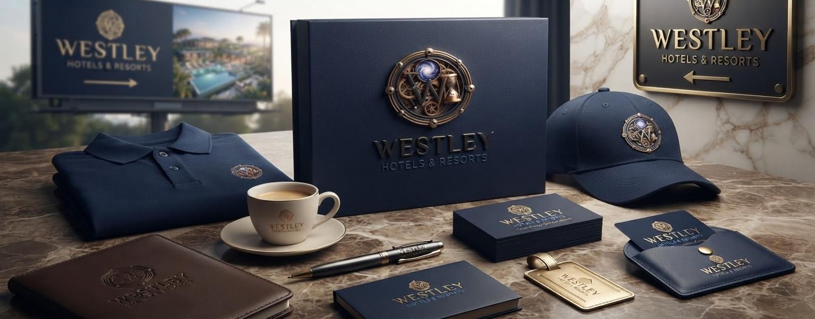Westley branded stationery, clothing, cap and guest accessories
