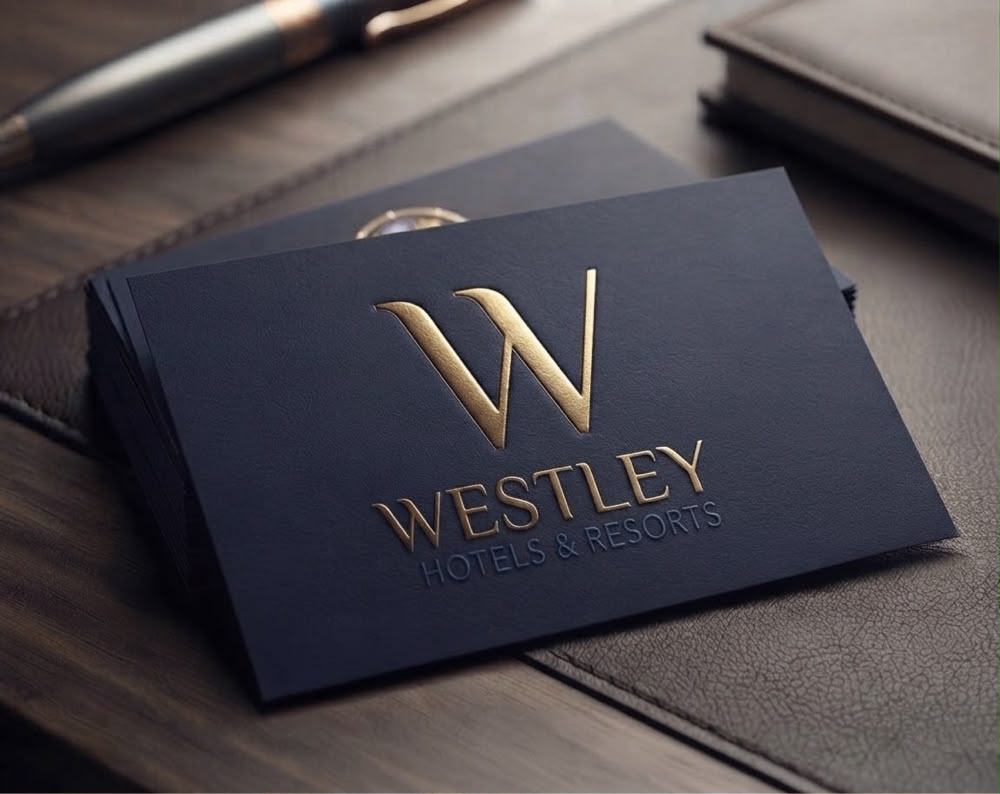 Gold Westley monogram on a navy business card