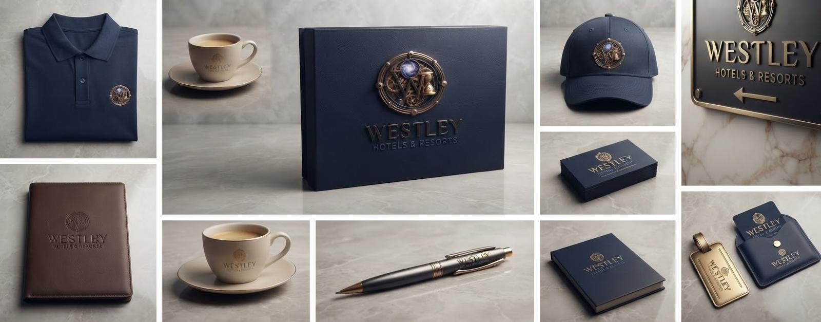 Collection of Westley guest accessories, coffee cups and stationery