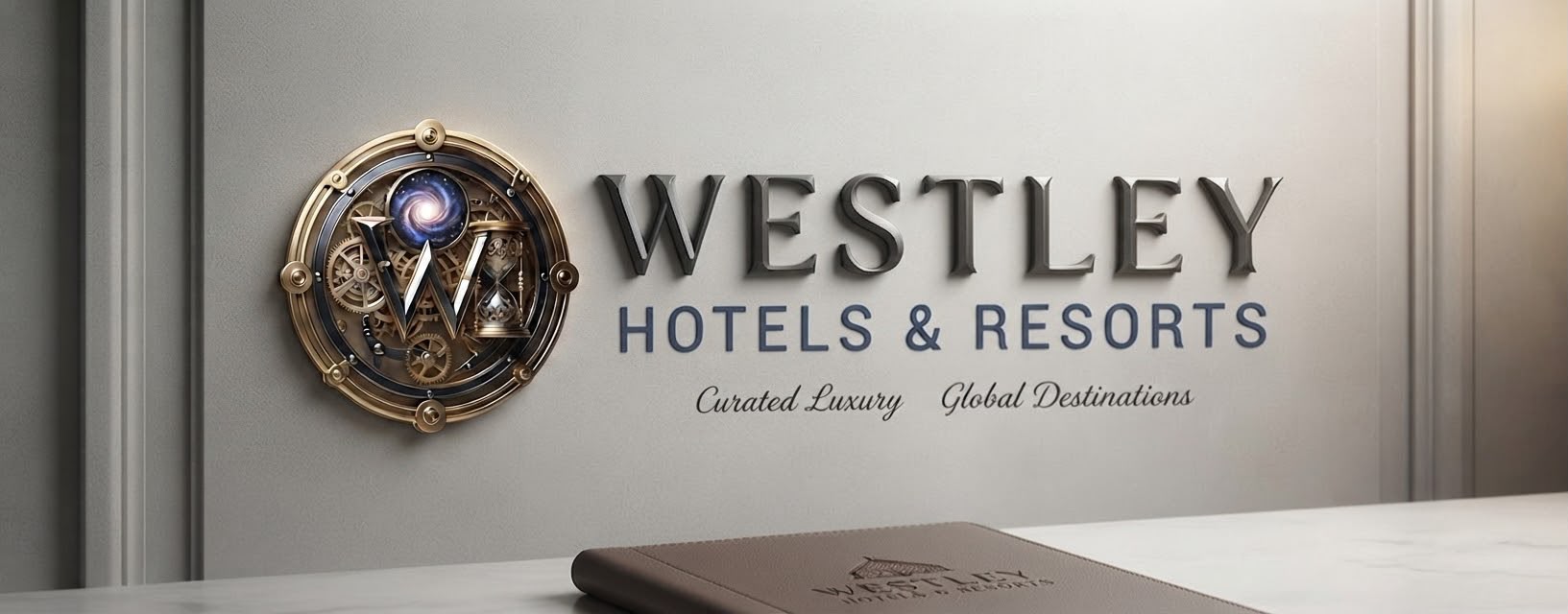 Gold Westley Hotels and Resorts emblem and lettering on an interior wall