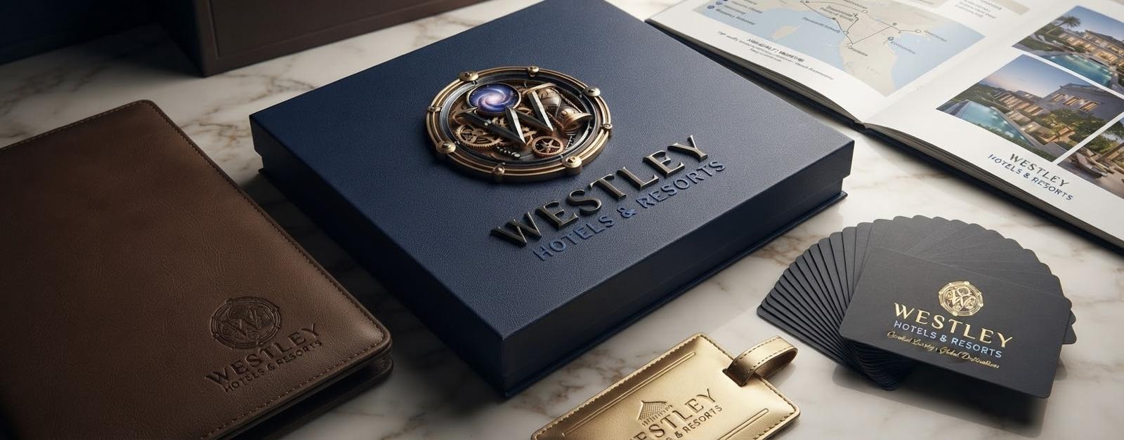 Navy Westley presentation folder and gold-accented stationery