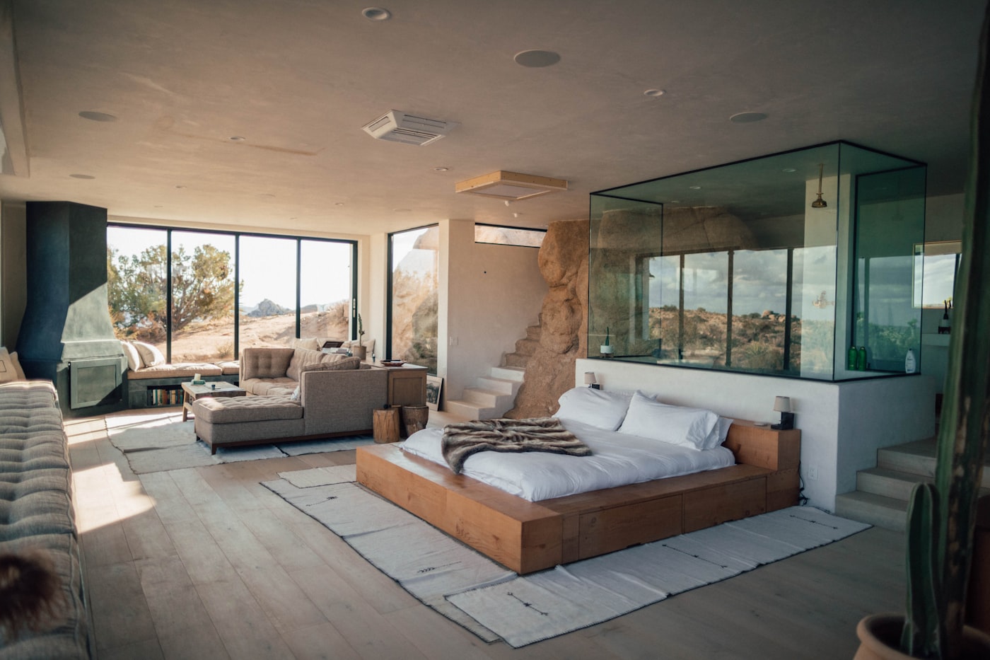 Modern residence interior with desert view
